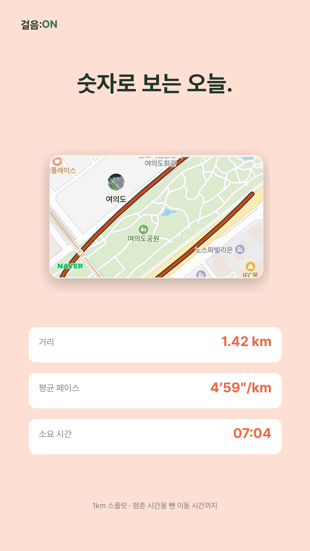거리 1.42km, 평균 페이스 4분 59초, 소요 시간 7분 4초의 기록 예시